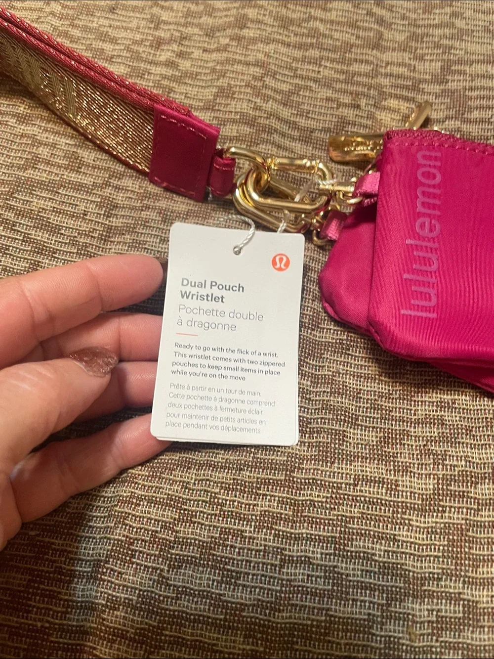 lululemon athletica pink dual pouch wristlet with logo strap